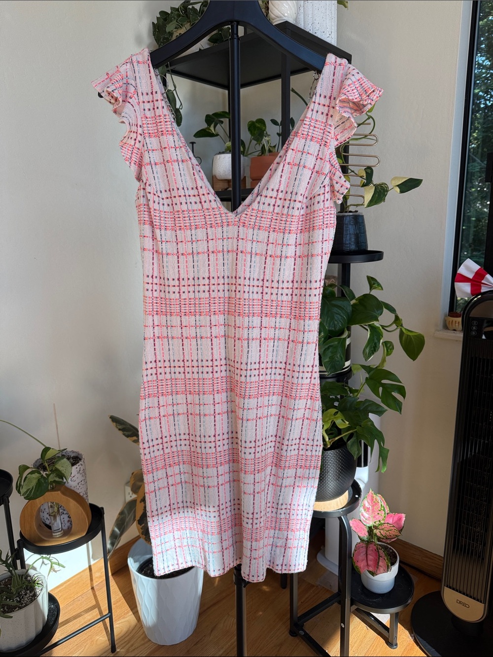 Amanda Uprichard Pink Plaid V-Neck Ruffle Sleeve Mini Dress